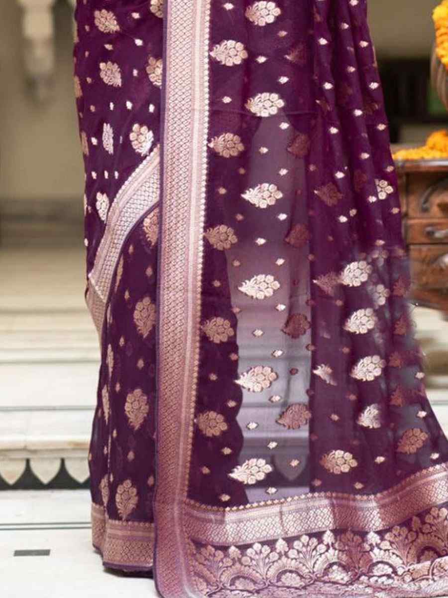 Purple Banarasi Soft Silk Handwoven Wedding Festival Heavy Border Saree