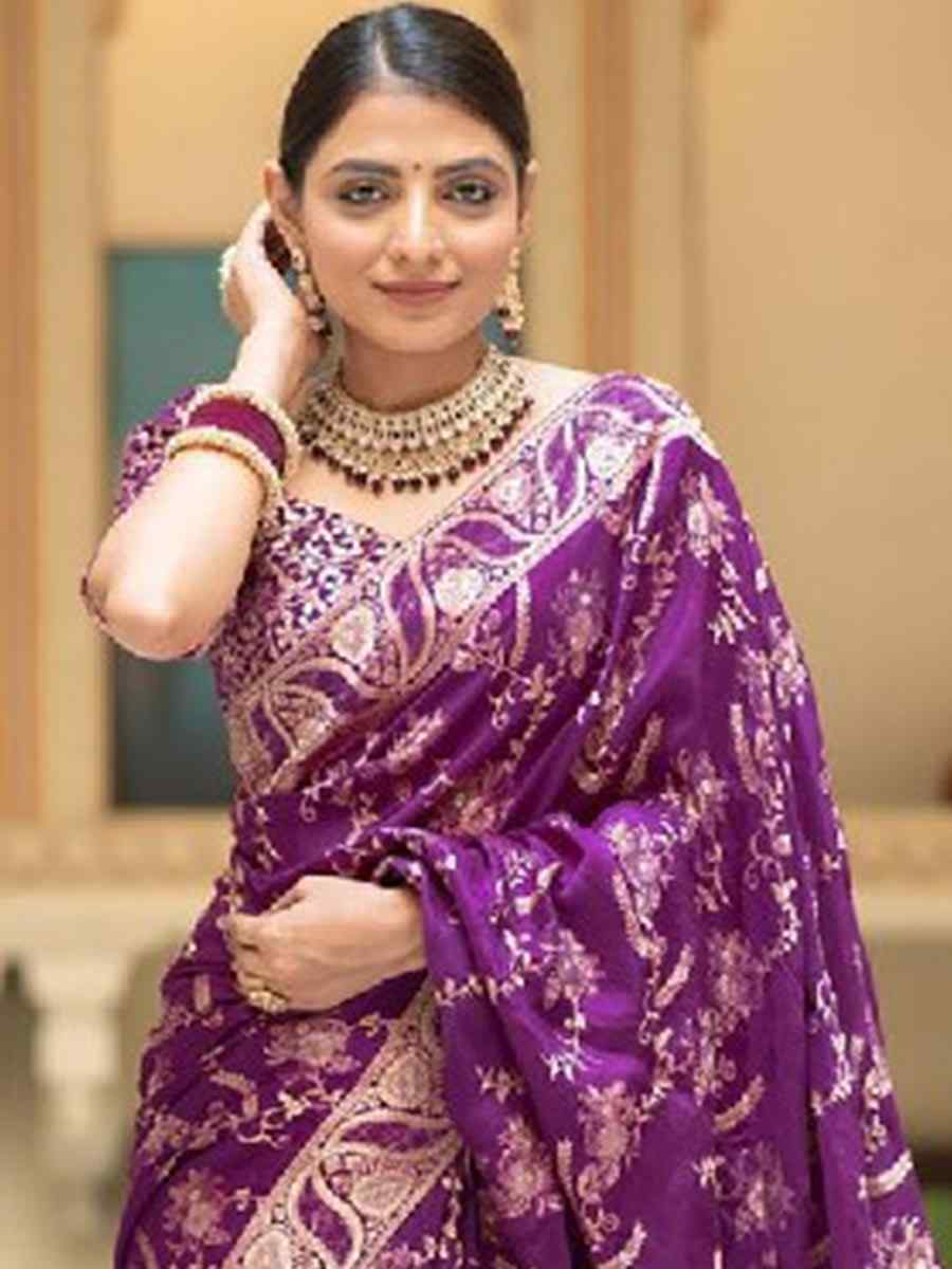 Purple Banarasi Soft Silk Handwoven Wedding Festival Heavy Border Saree