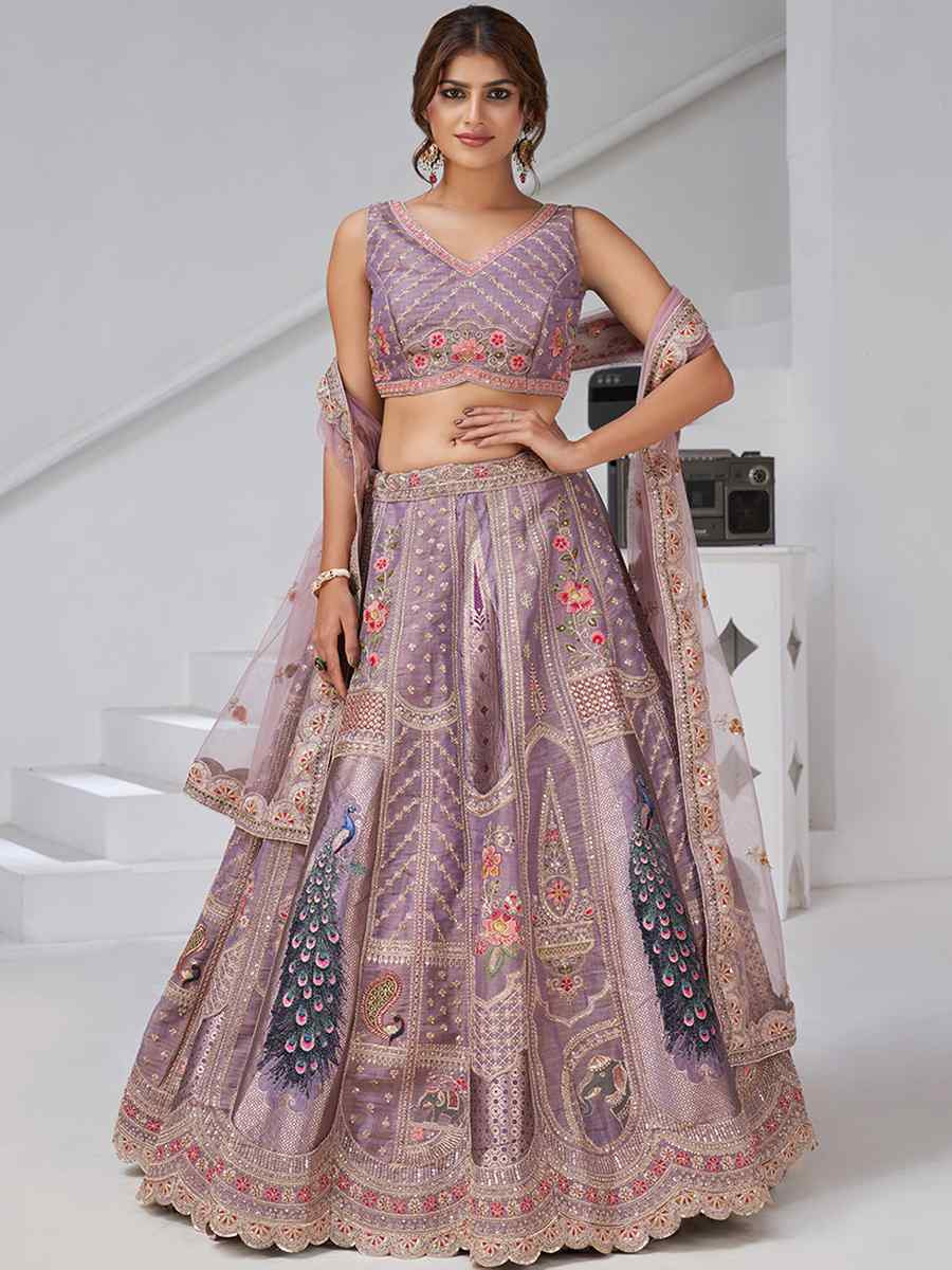 Purple Banarsi Silk Embroidered Wedding Reception Festival Heavy Border Lehenga Choli