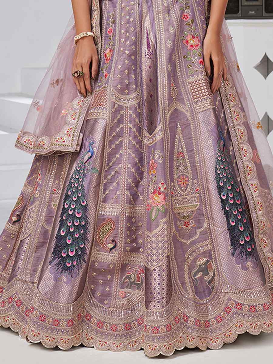 Purple Banarsi Silk Embroidered Wedding Reception Festival Heavy Border Lehenga Choli