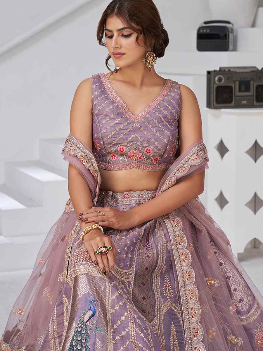 Purple Banarsi Silk Embroidered Wedding Reception Festival Heavy Border Lehenga Choli
