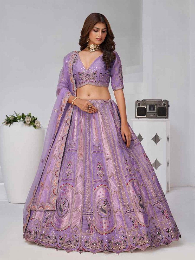 Image of Purple Banarsi Silk Embroidered Wedding Reception Festival Heavy Border Lehenga Choli