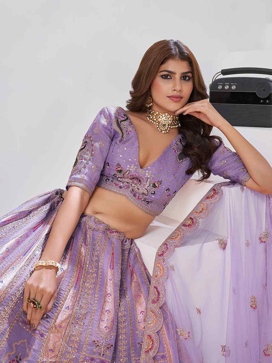 Purple Banarsi Silk Embroidered Wedding Reception Festival Heavy Border Lehenga Choli