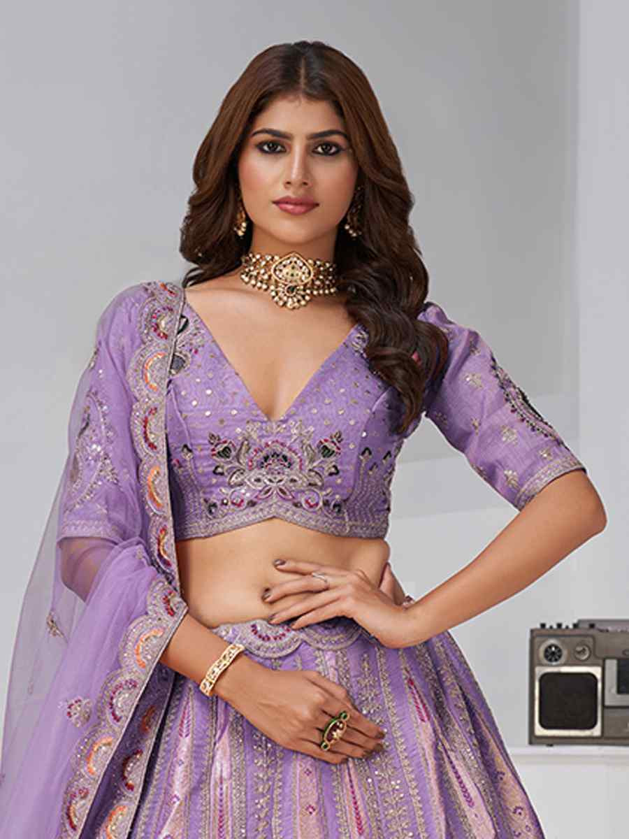 Purple Banarsi Silk Embroidered Wedding Reception Festival Heavy Border Lehenga Choli