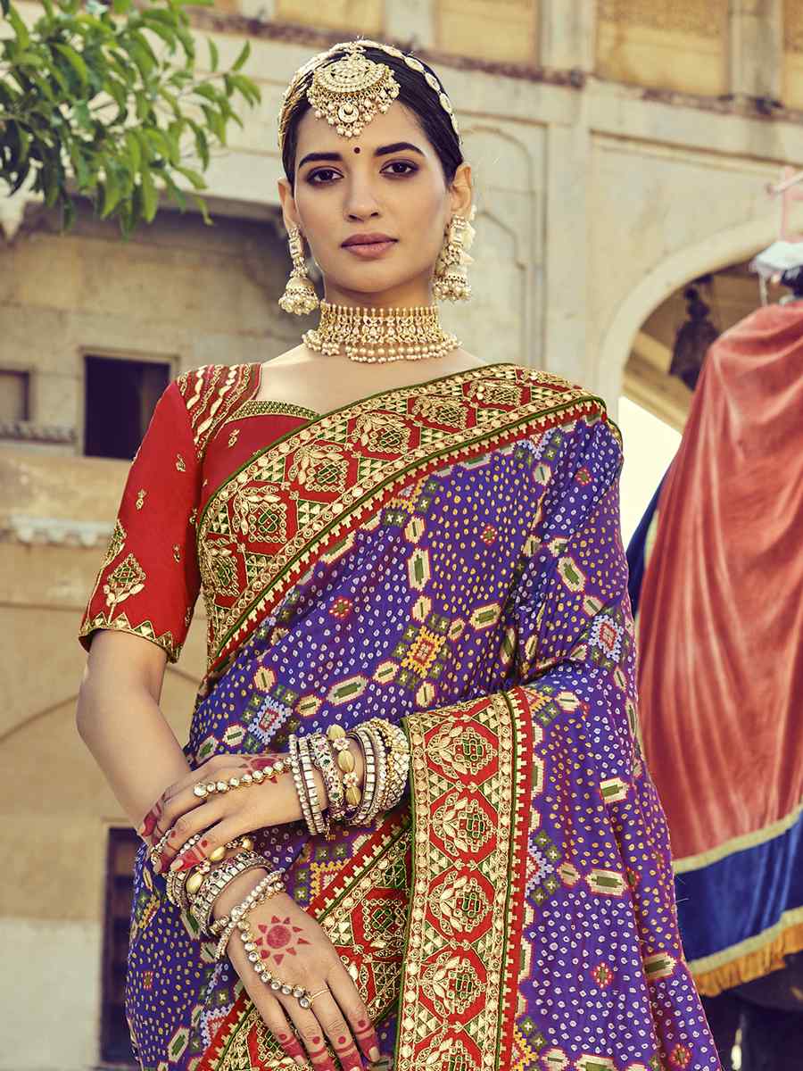 Purple Bandhej Patola Pure Silk Embroidered Wedding Festival Heavy Border Saree