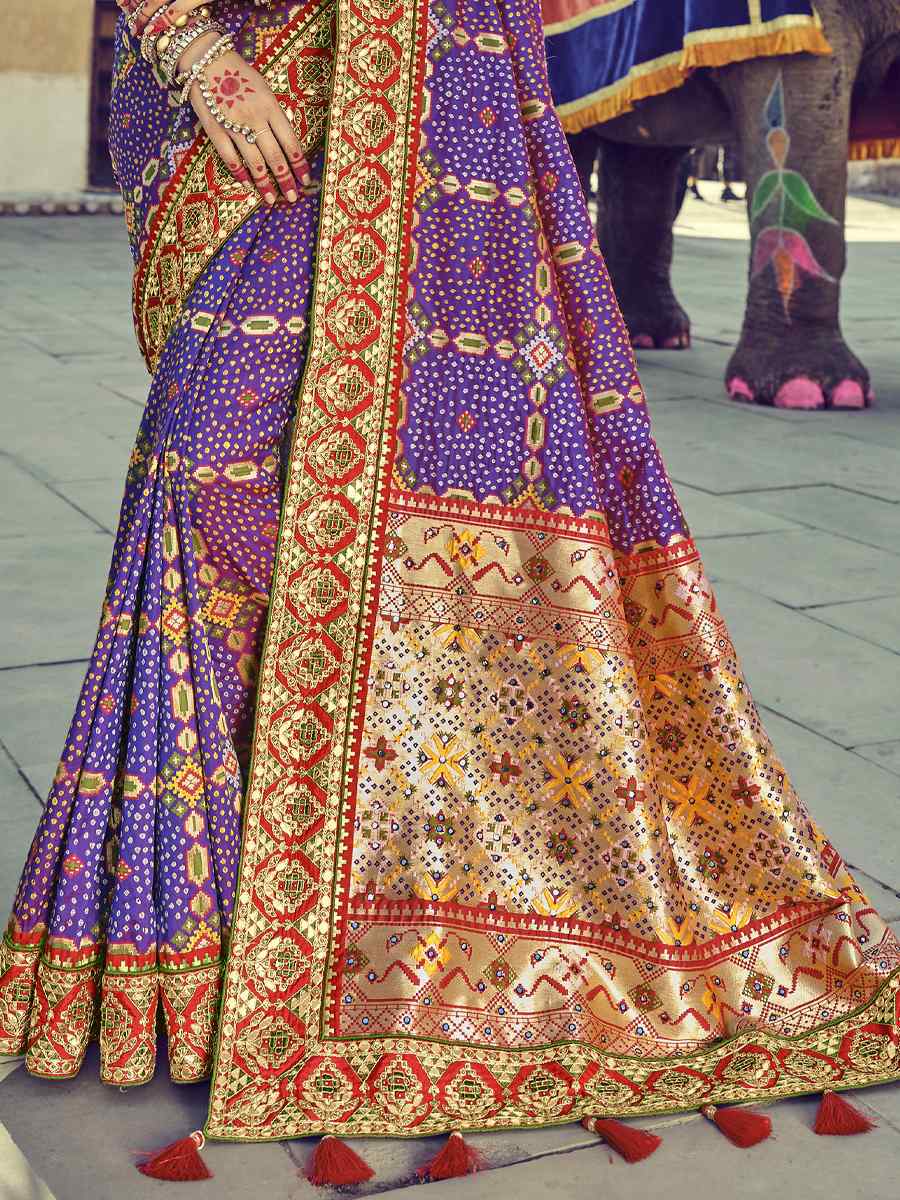 Purple Bandhej Patola Pure Silk Embroidered Wedding Festival Heavy Border Saree