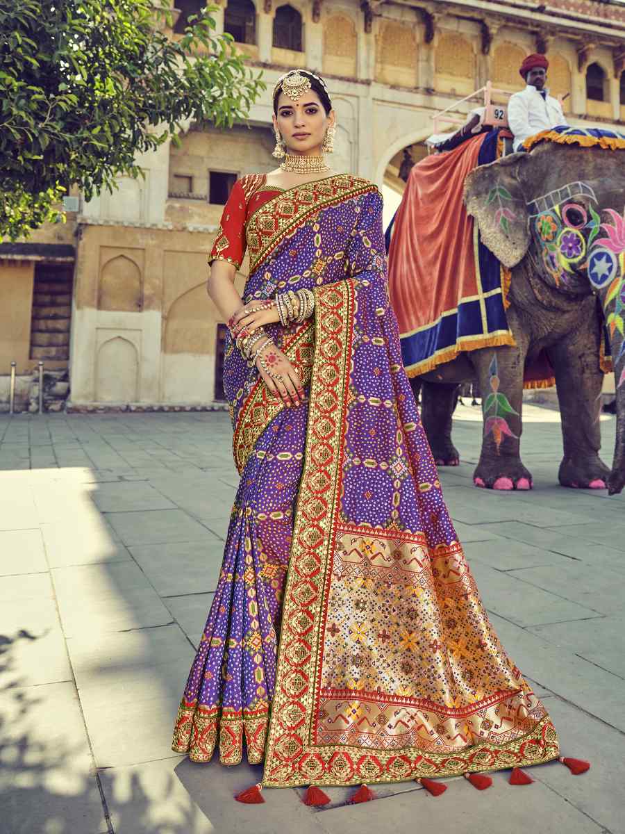Purple Bandhej Patola Pure Silk Embroidered Wedding Festival Heavy Border Saree