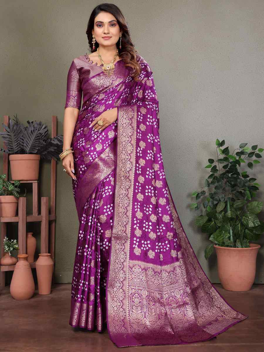 Purple Bandhej Silk Handwoven Traditional Bridal Reception Festival Wedding Fancy Heavy Border Saree