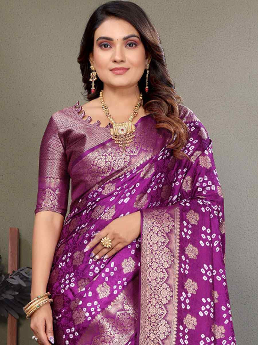 Purple Bandhej Silk Handwoven Traditional Bridal Reception Festival Wedding Fancy Heavy Border Saree