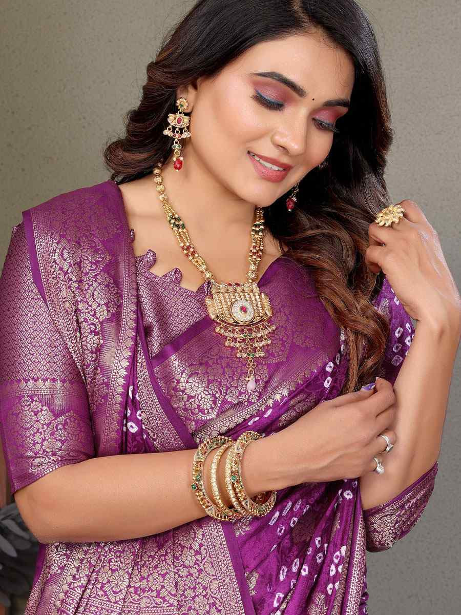 Purple Bandhej Silk Handwoven Traditional Bridal Reception Festival Wedding Fancy Heavy Border Saree