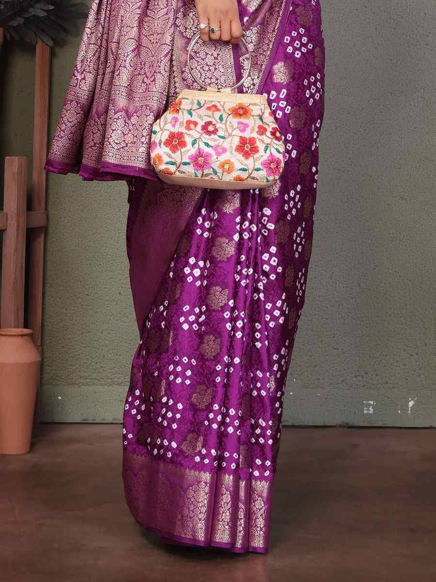 Purple Bandhej Silk Handwoven Traditional Bridal Reception Festival Wedding Fancy Heavy Border Saree