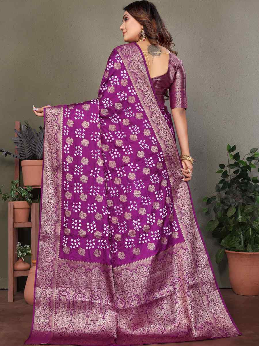 Purple Bandhej Silk Handwoven Traditional Bridal Reception Festival Wedding Fancy Heavy Border Saree