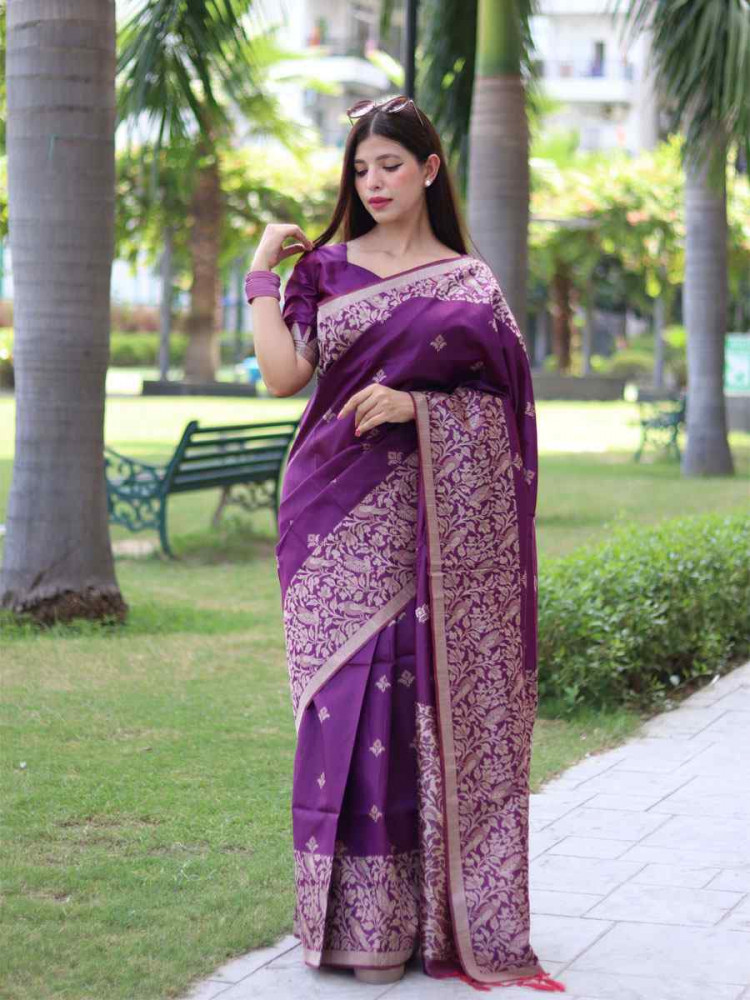 Image of Purple Banglori Handloom Raw Silk Handwoven Casual Reception Festival Wedding Fancy Classic Style Sarees