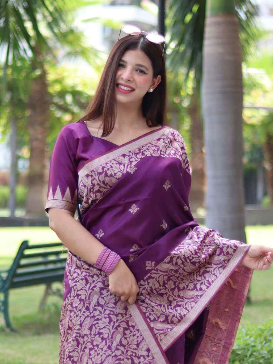 Purple Banglori Handloom Raw Silk Handwoven Casual Reception Festival Wedding Fancy Classic Style Sarees