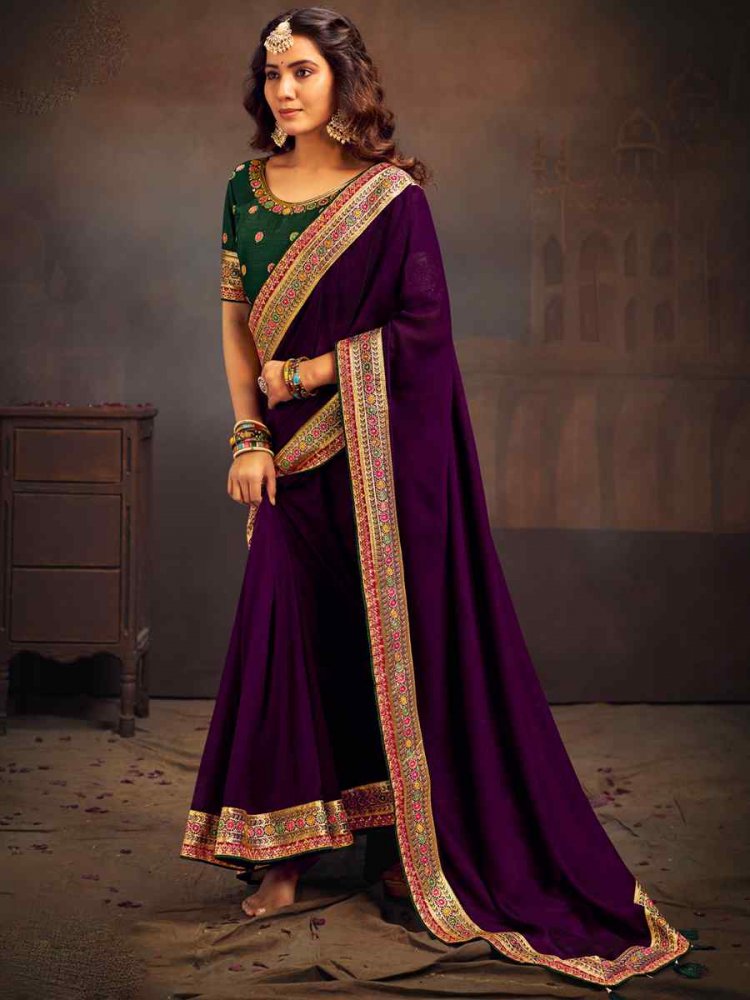Purple Banglory Silk Handwoven Wedding Festival Heavy Border Saree