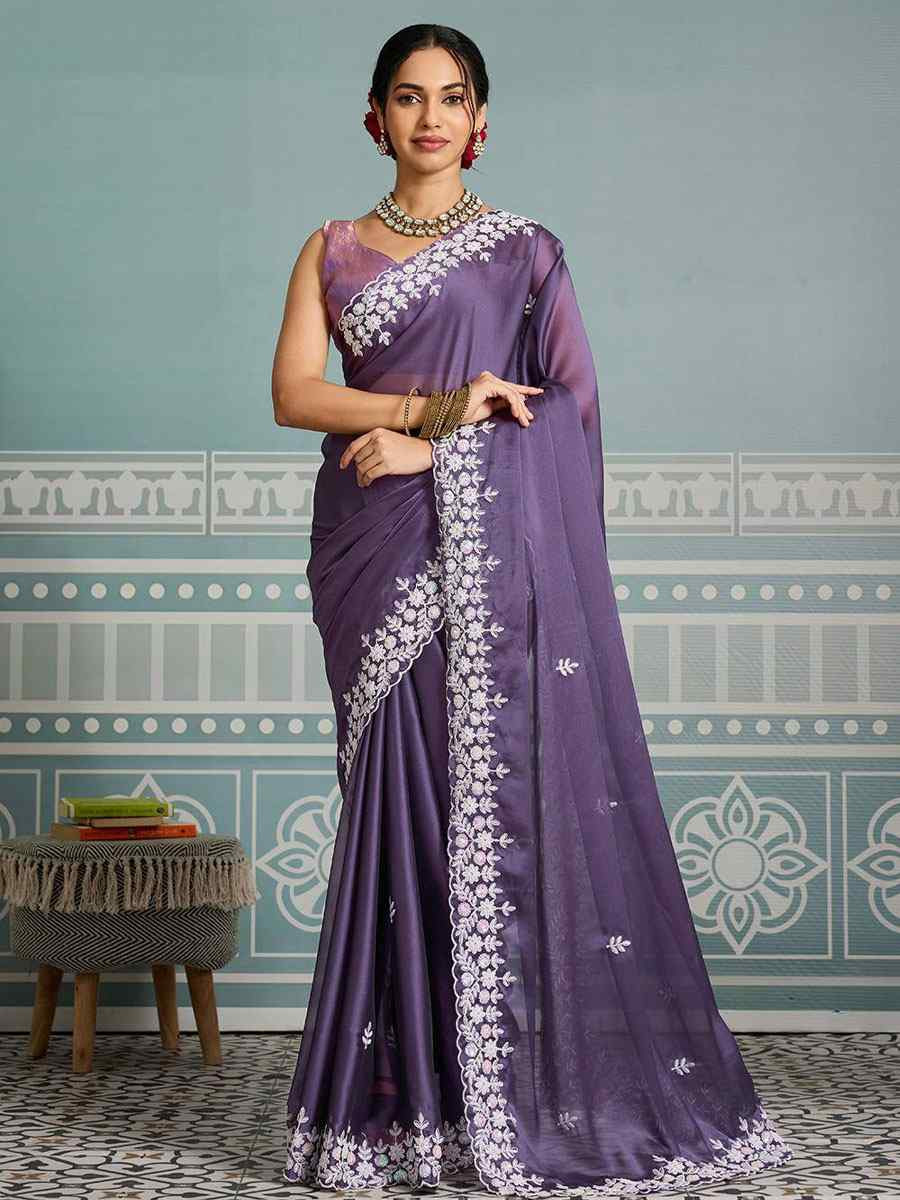Purple Black Rangoli Silk Embroidery Bridal Reception Festival Wedding Fancy Heavy Border Saree