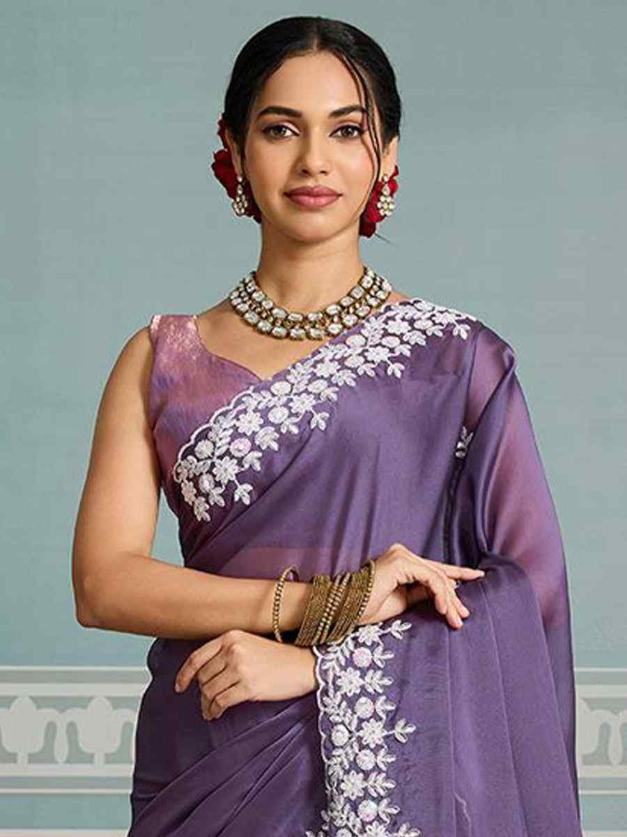 Purple Black Rangoli Silk Embroidery Bridal Reception Festival Wedding Fancy Heavy Border Saree