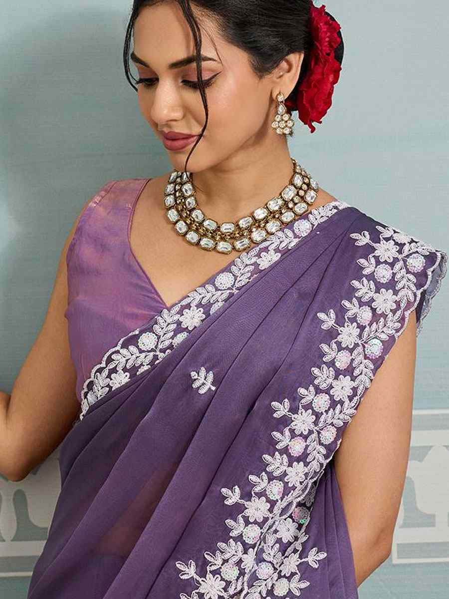 Purple Black Rangoli Silk Embroidery Bridal Reception Festival Wedding Fancy Heavy Border Saree