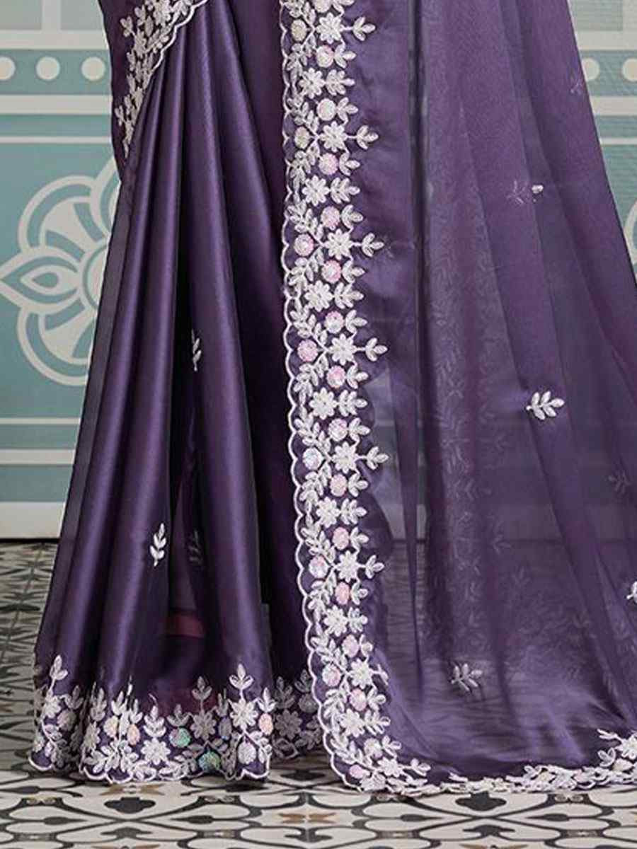 Purple Black Rangoli Silk Embroidery Bridal Reception Festival Wedding Fancy Heavy Border Saree