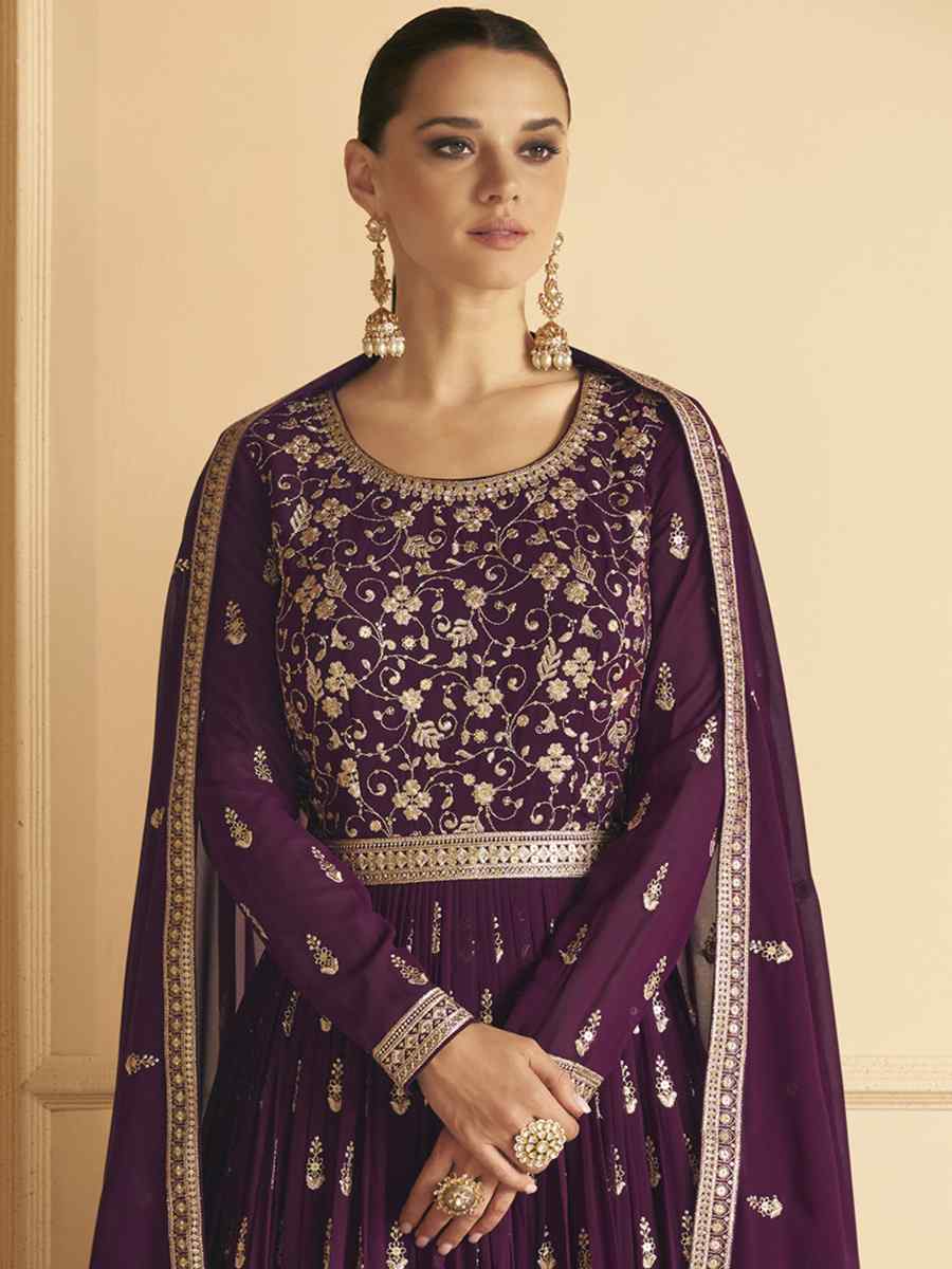 Purple Blomming Vichitra Georgette Embroidered Festival Wedding Anarkali Salwar Kameez