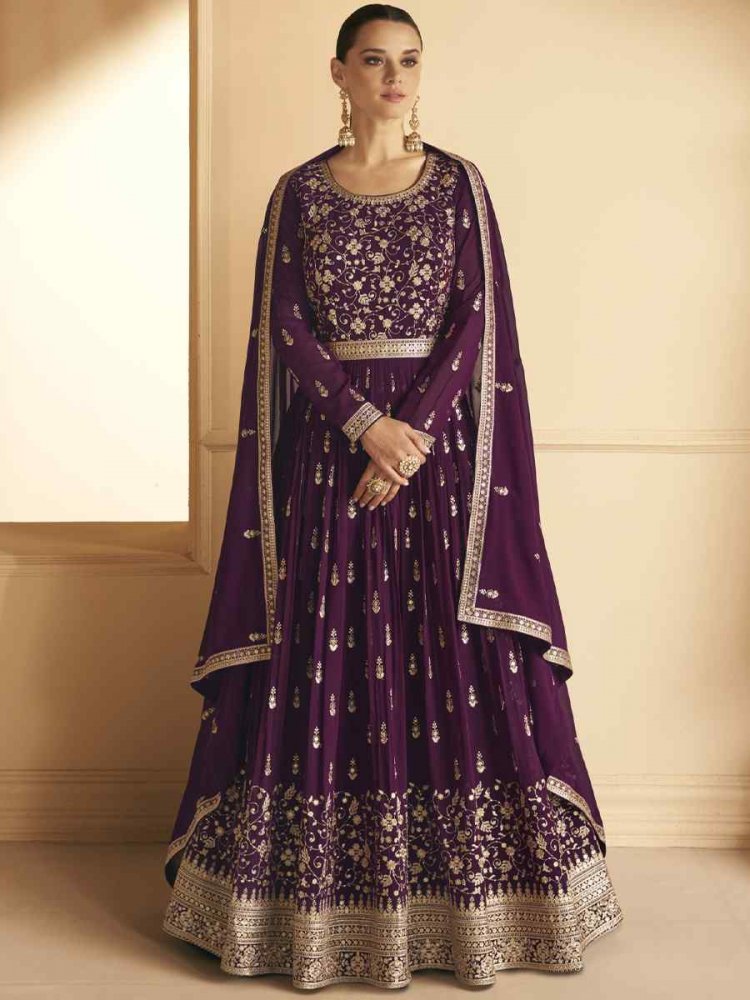 Purple Blomming Vichitra Georgette Embroidered Festival Wedding Anarkali Salwar Kameez