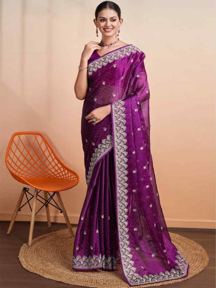 Purple Blooming Burberry Embroidered Festival Party Heavy Border Saree