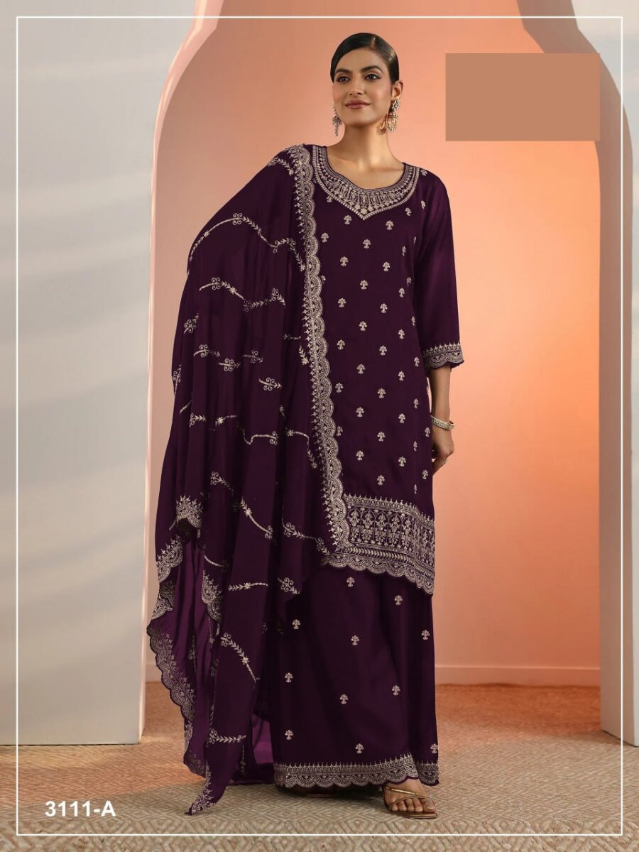 Purple Blooming Fox Georgette Embroidery Wedding Party Festival Casual Palazzo Pant Salwar Kameez