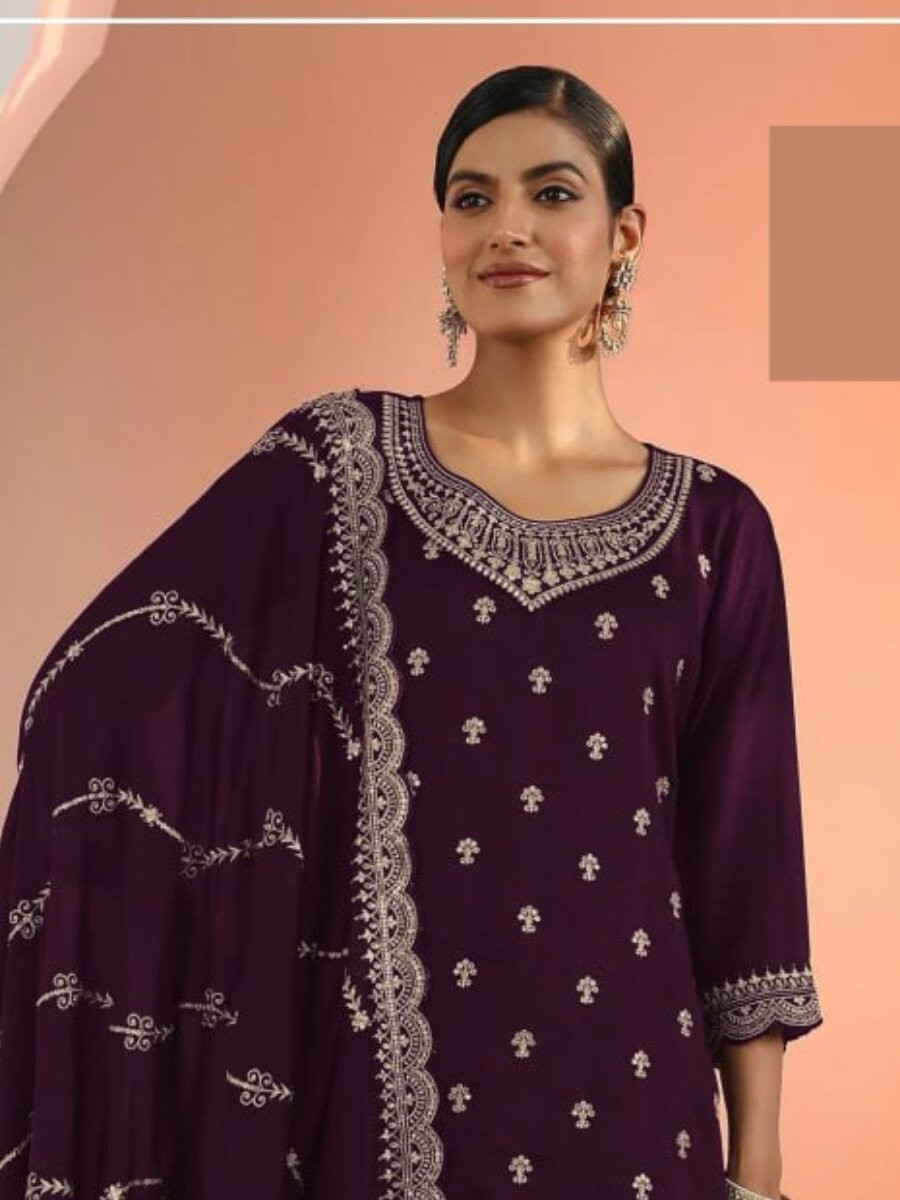 Purple Blooming Fox Georgette Embroidery Wedding Party Festival Casual Palazzo Pant Salwar Kameez
