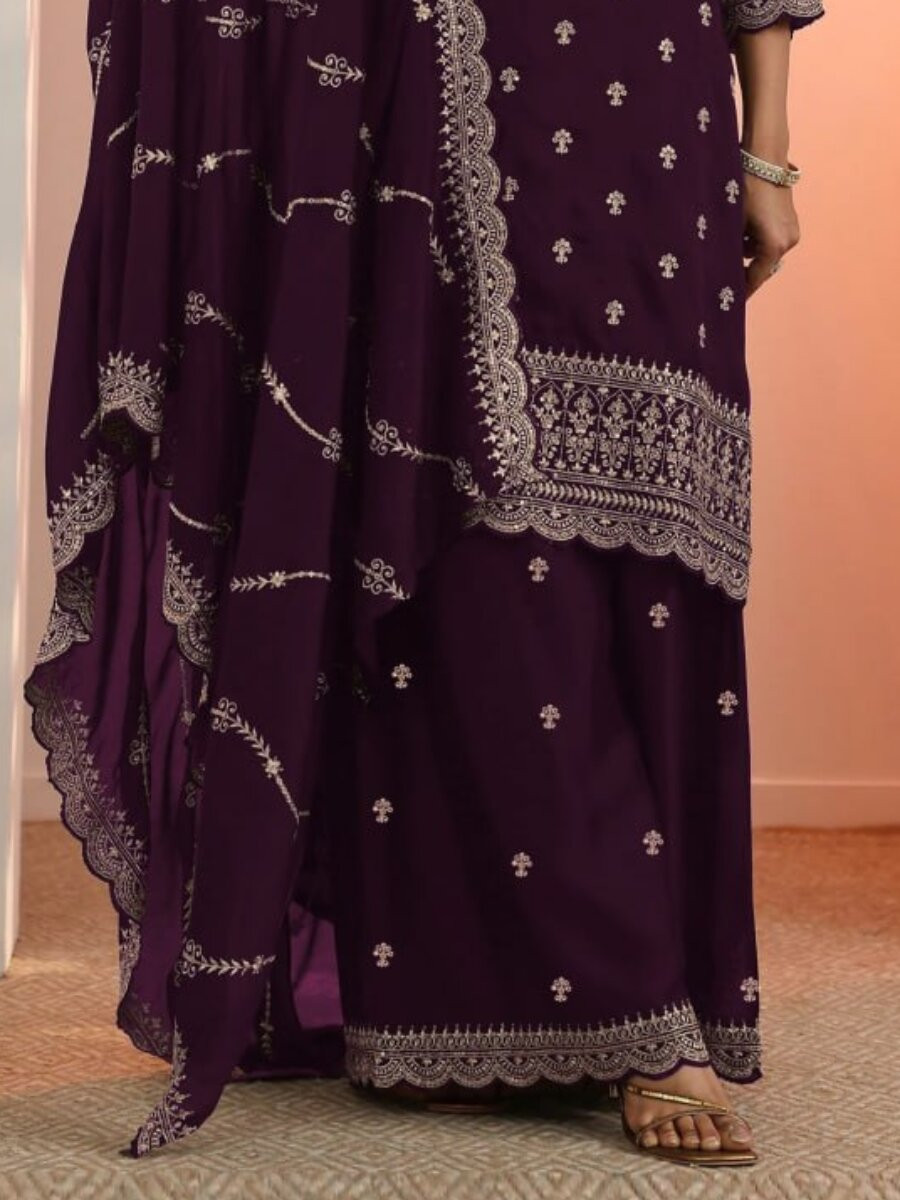Purple Blooming Fox Georgette Embroidery Wedding Party Festival Casual Palazzo Pant Salwar Kameez