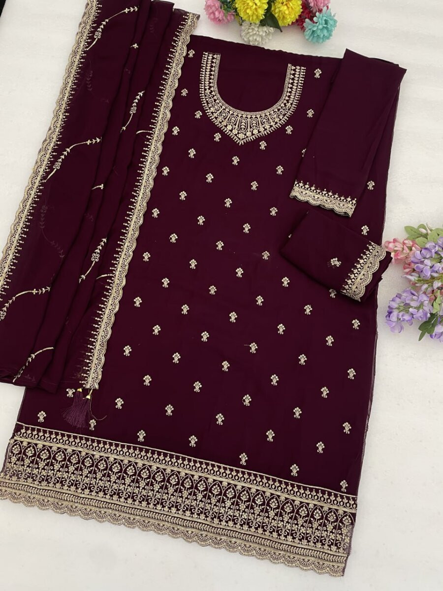 Purple Blooming Fox Georgette Embroidery Wedding Party Festival Casual Palazzo Pant Salwar Kameez