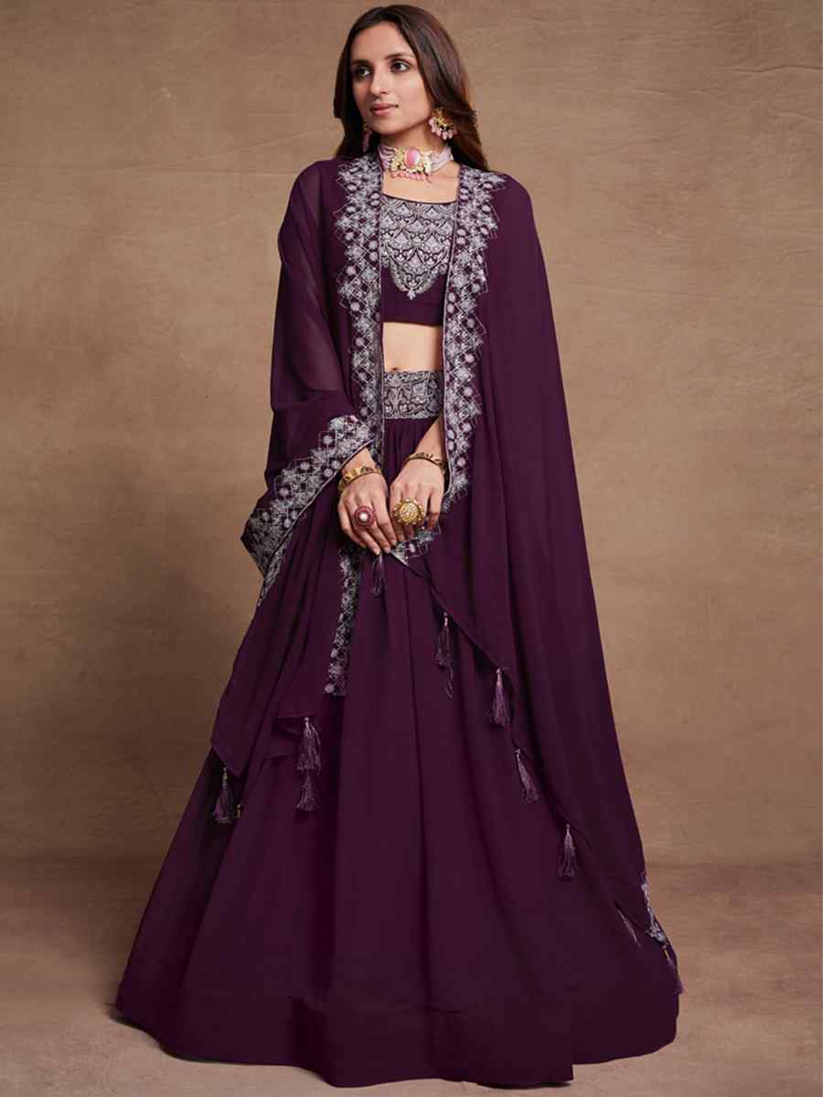 Purple Blooming Georgette Embroidered Festival Wedding Circular Lehenga Choli