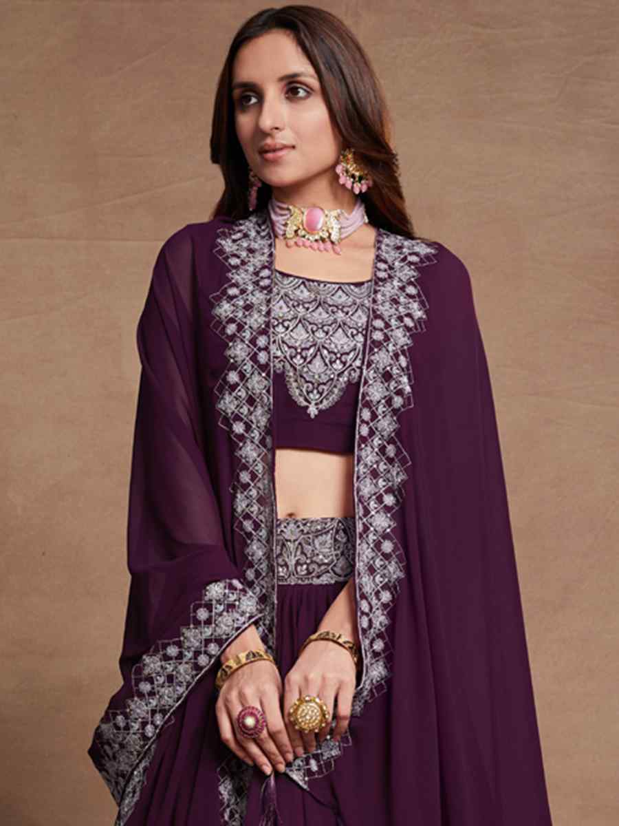 Purple Blooming Georgette Embroidered Festival Wedding Circular Lehenga Choli