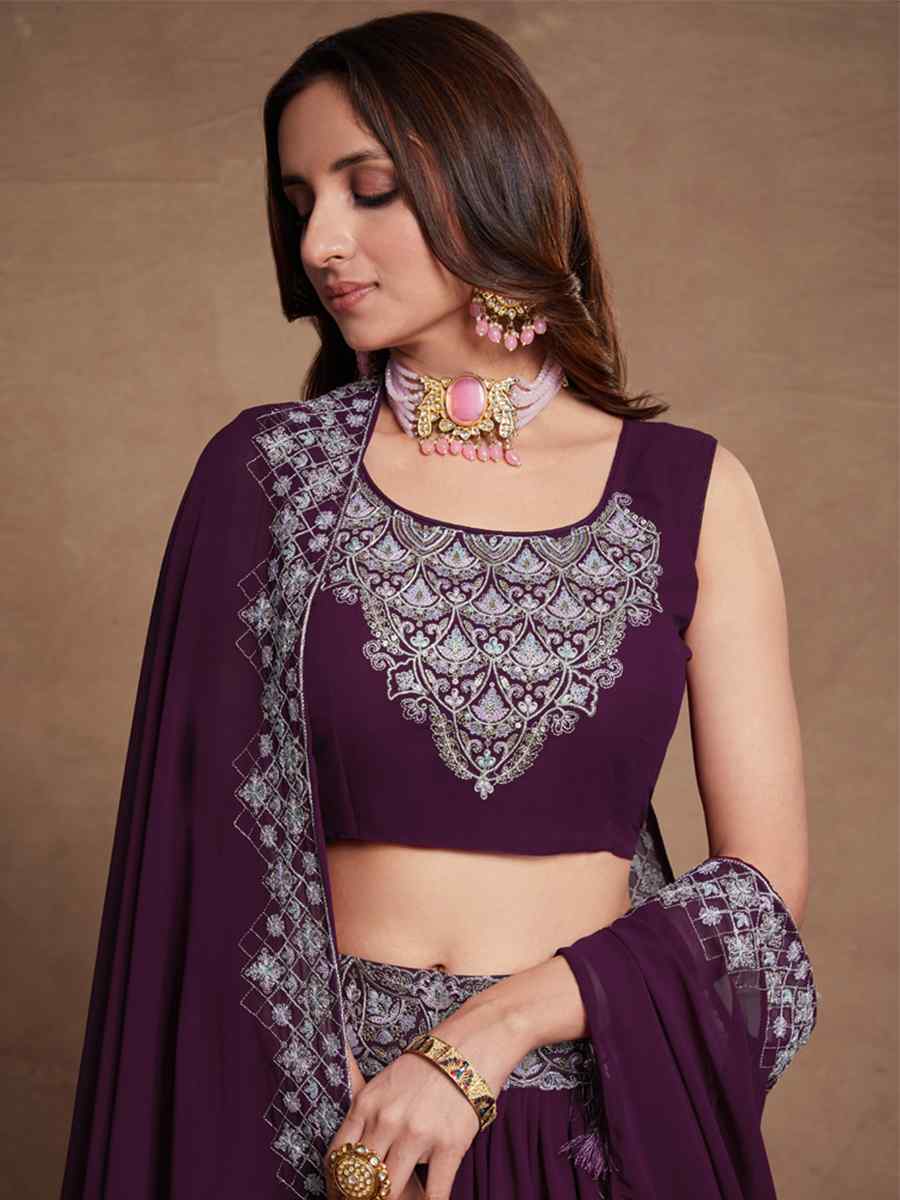 Purple Blooming Georgette Embroidered Festival Wedding Circular Lehenga Choli