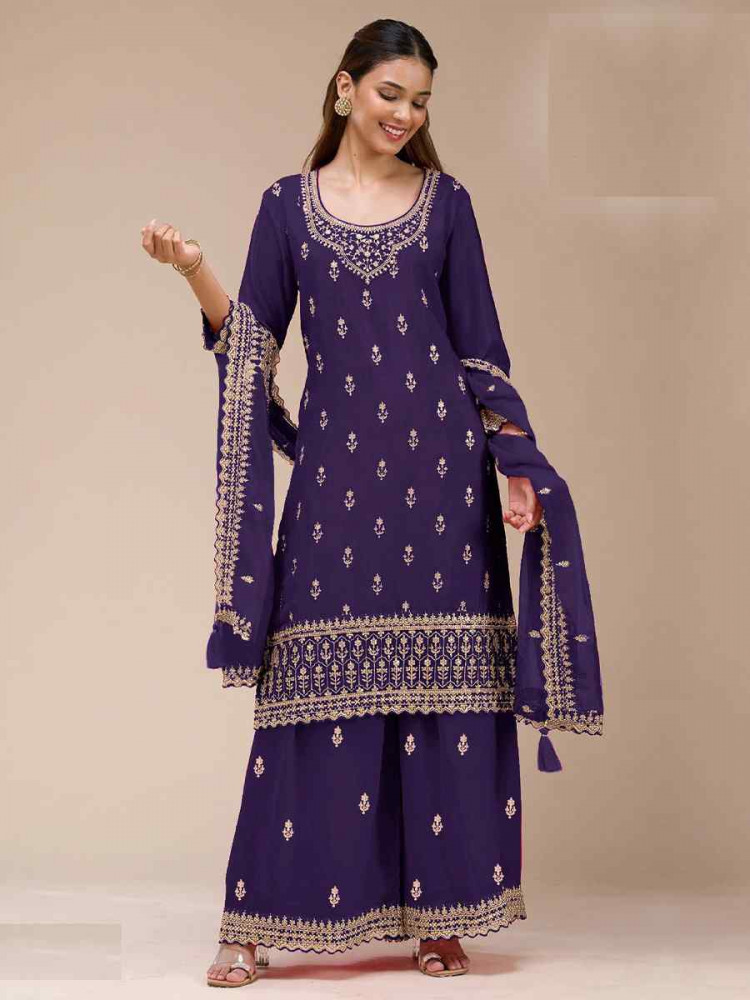 Image of Purple Blooming Georgette Embroidered Festival Wedding Palazzo Pant Salwar Kameez