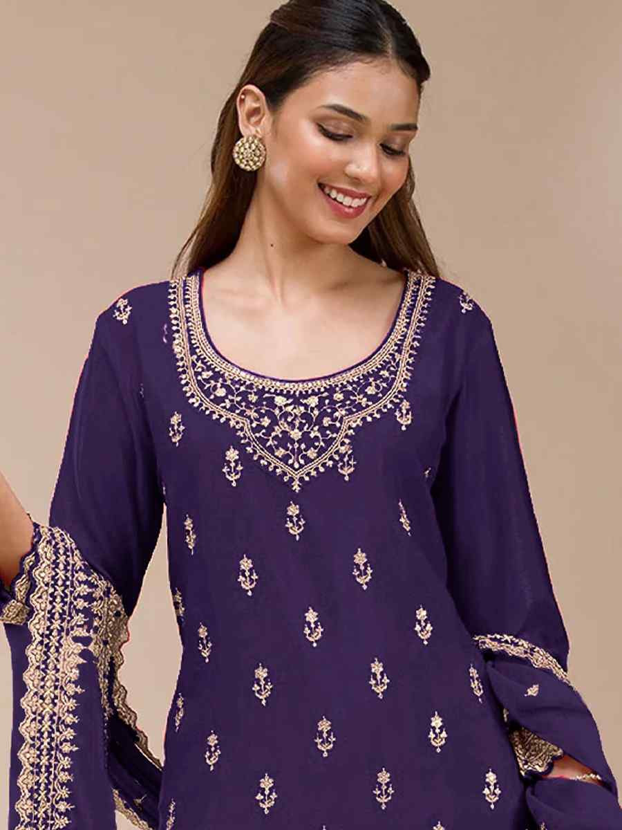 Purple Blooming Georgette Embroidered Festival Wedding Palazzo Pant Salwar Kameez