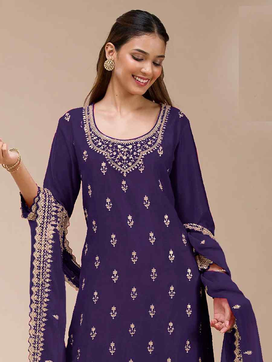 Purple Blooming Georgette Embroidered Festival Wedding Palazzo Pant Salwar Kameez