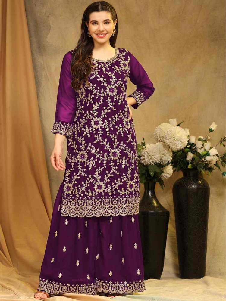 Purple Blooming Georgette Embroidered Festival Wedding Palazzo Pant Salwar Kameez