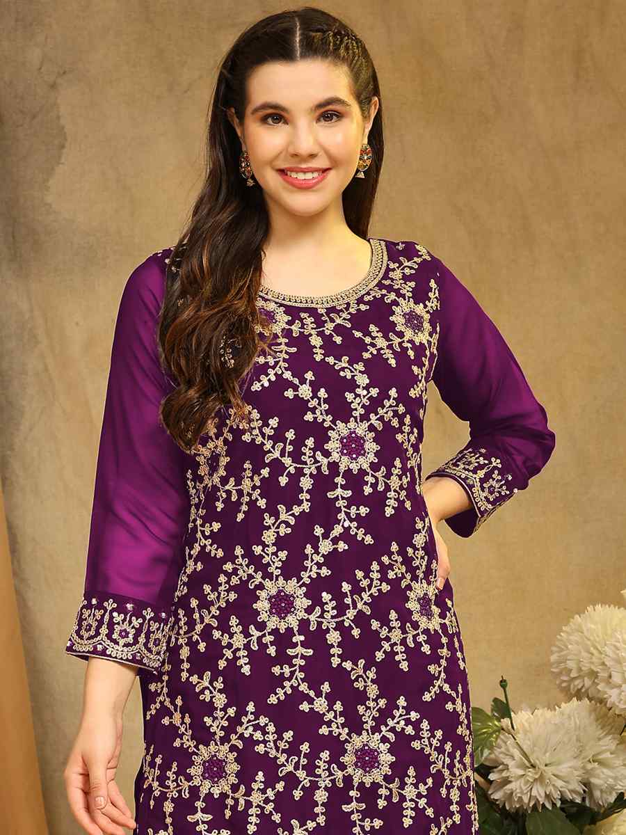 Purple Blooming Georgette Embroidered Festival Wedding Palazzo Pant Salwar Kameez