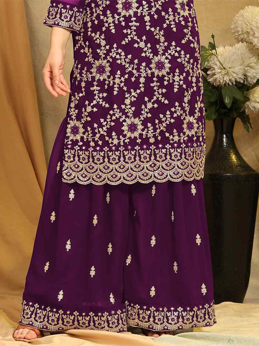 Purple Blooming Georgette Embroidered Festival Wedding Palazzo Pant Salwar Kameez