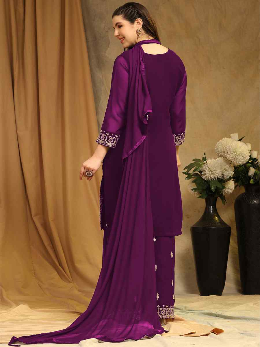 Purple Blooming Georgette Embroidered Festival Wedding Palazzo Pant Salwar Kameez