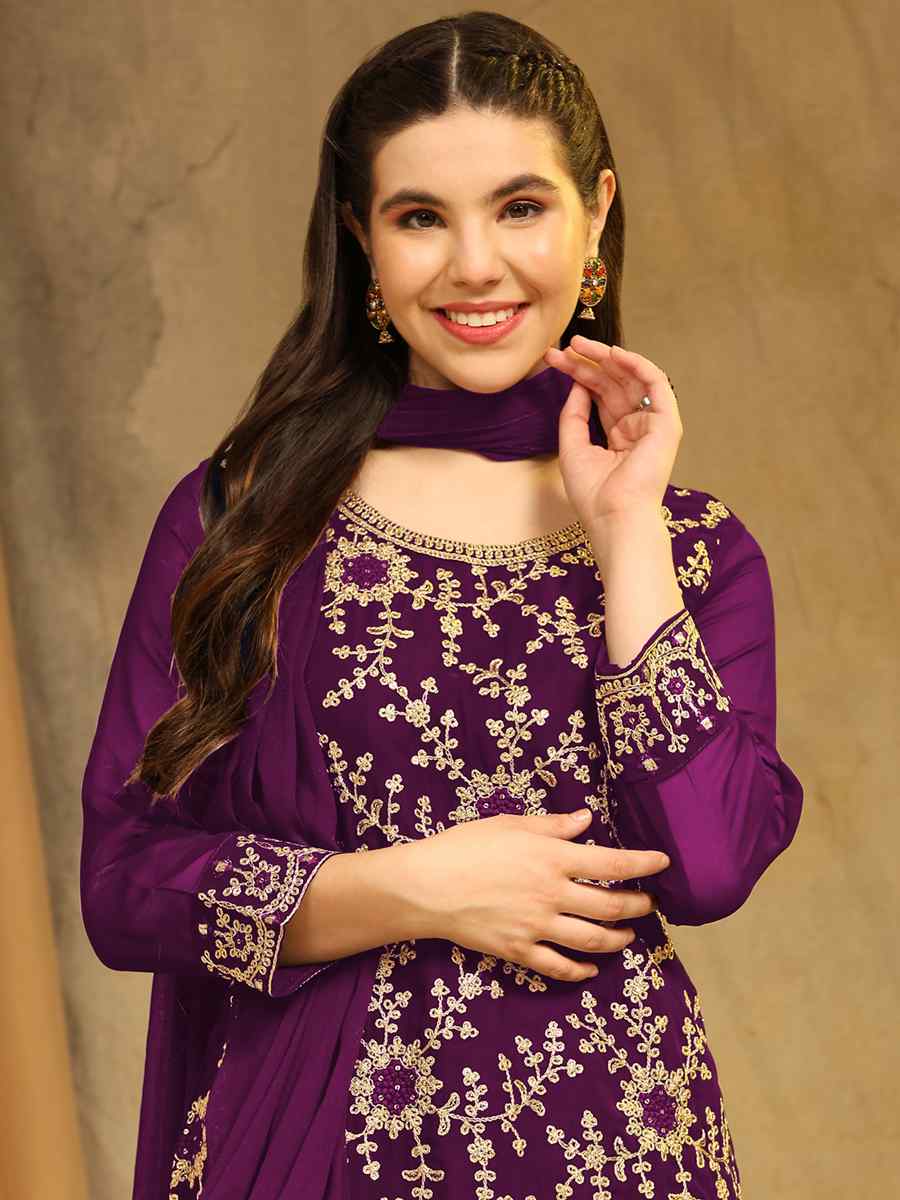 Purple Blooming Georgette Embroidered Festival Wedding Palazzo Pant Salwar Kameez
