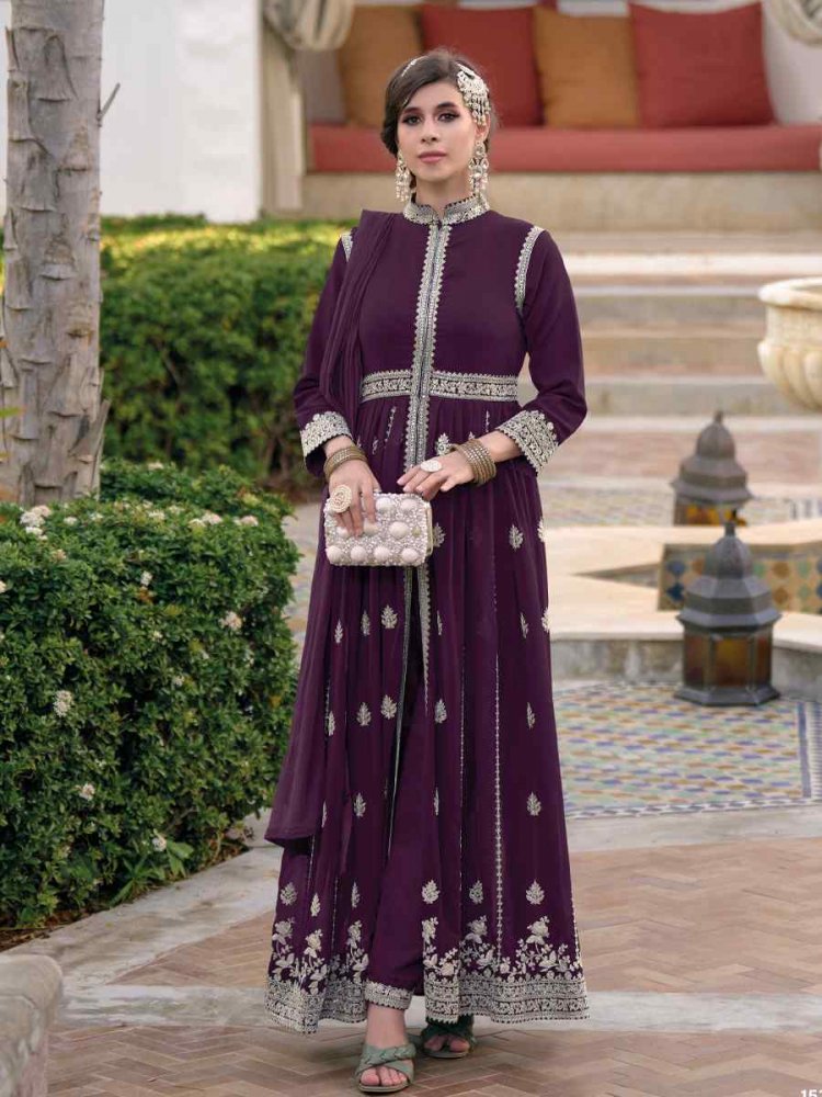 Purple Blooming Georgette Embroidered Wedding Festival Anarkali Salwar Kameez