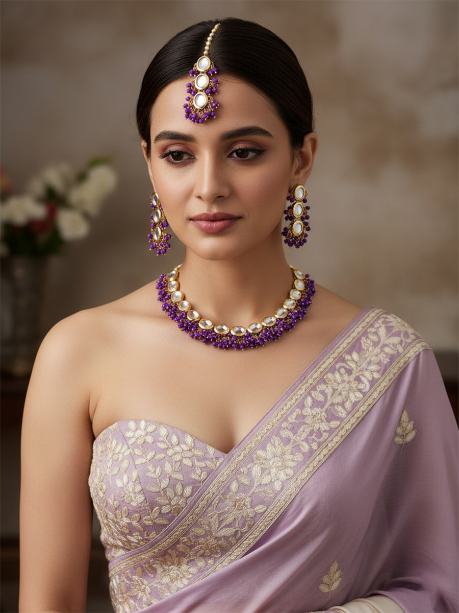 Purple Brass Wedding Party Festival Wear Kundan Necklace