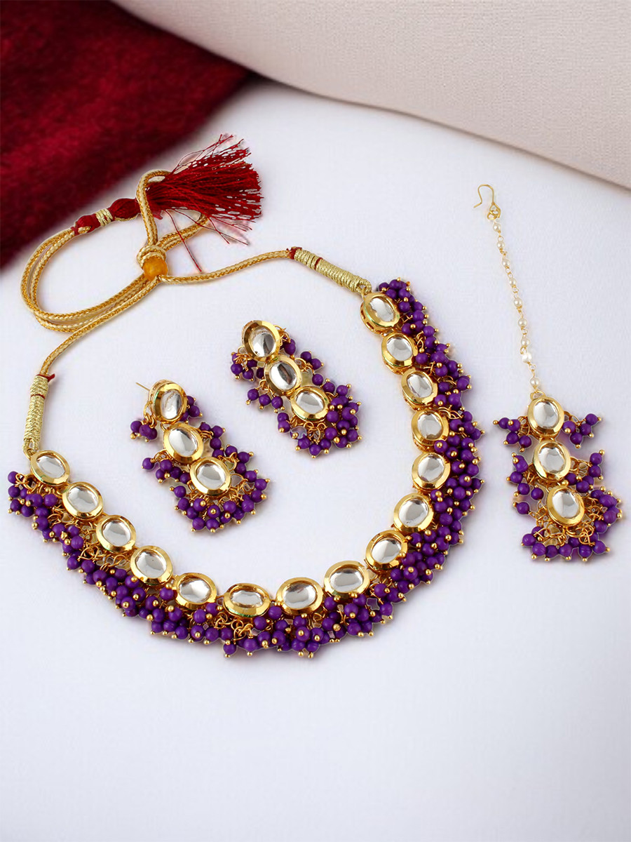 Purple Brass Wedding Party Festival Wear Kundan Necklace
