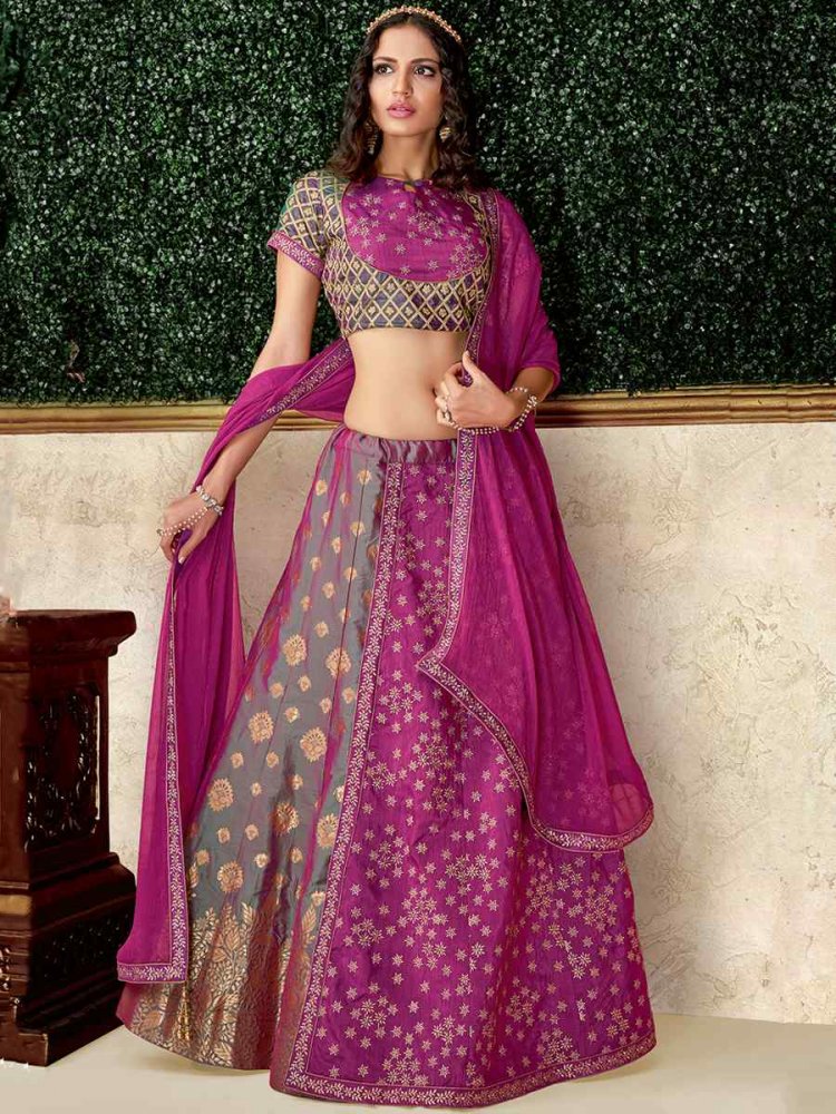 Purple Brocade Velvet Embroidered Reception Party Wear Heavy Border Lehenga Choli
