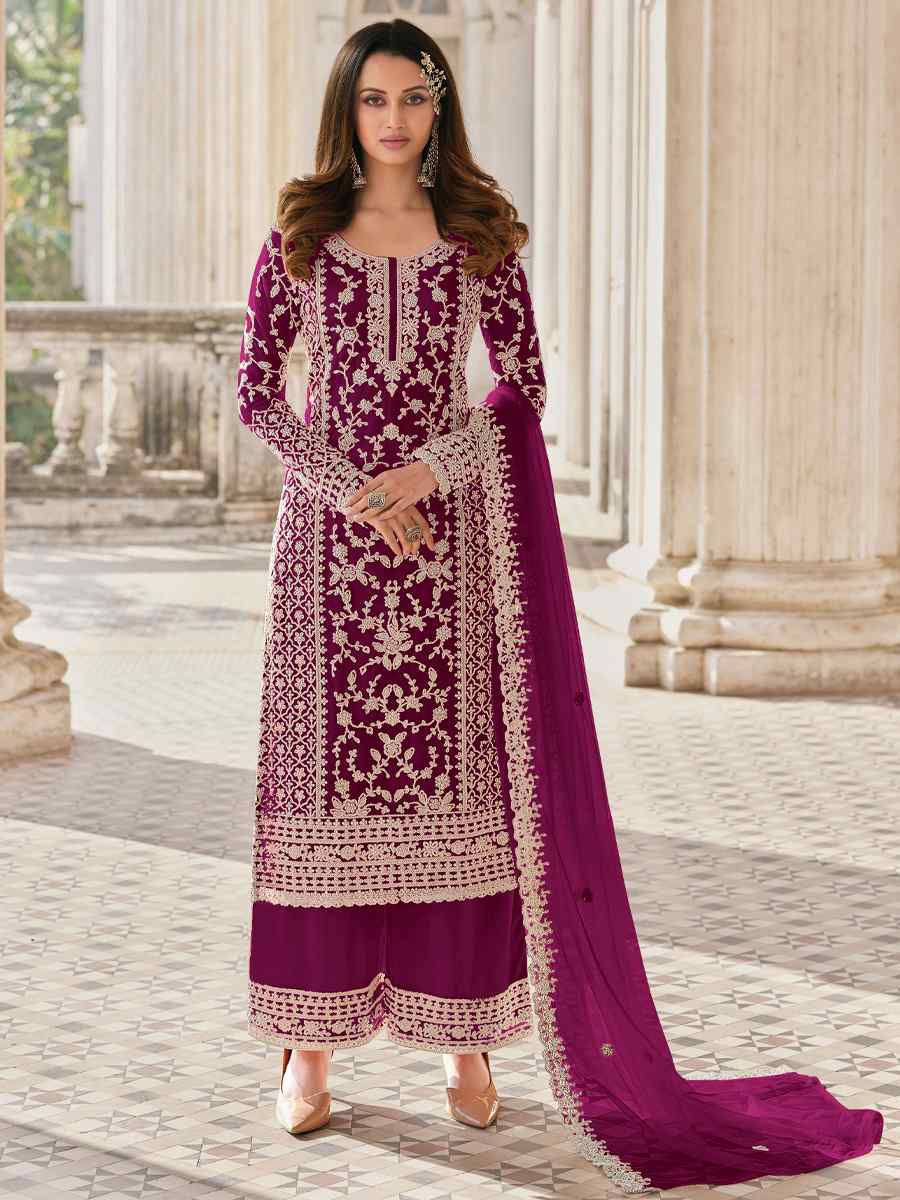 Purple Buterfly Net Embroidered Wedding Festival Pant Salwar Kameez