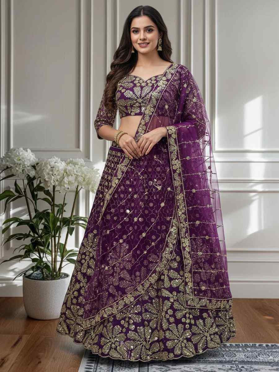 Purple Butterfly Net Embroidered Bridal Wedding Reception Festival Heavy Border Lehenga Choli
