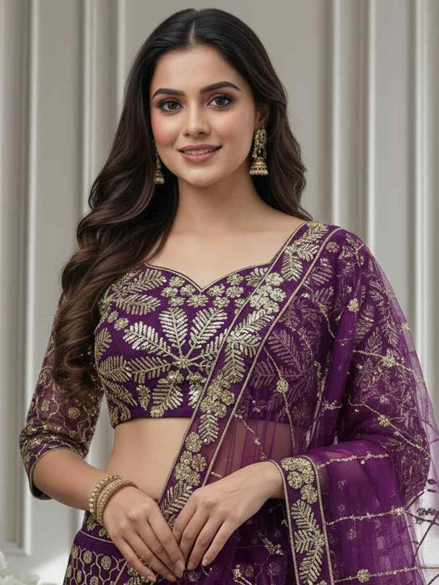 Purple Butterfly Net Embroidered Bridal Wedding Reception Festival Heavy Border Lehenga Choli