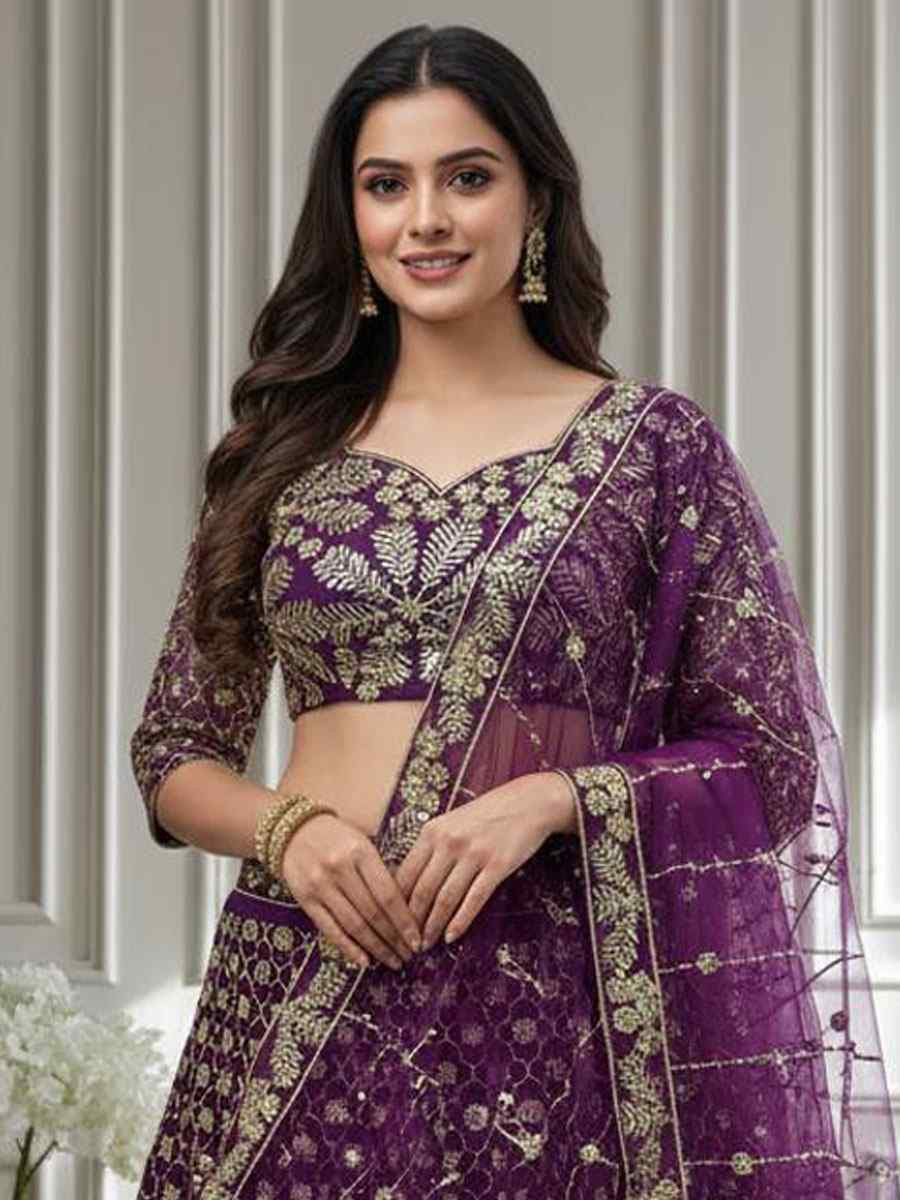 Purple Butterfly Net Embroidered Bridal Wedding Reception Festival Heavy Border Lehenga Choli