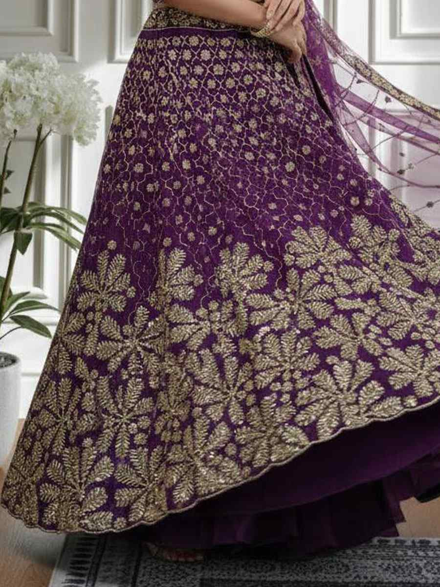 Purple Butterfly Net Embroidered Bridal Wedding Reception Festival Heavy Border Lehenga Choli